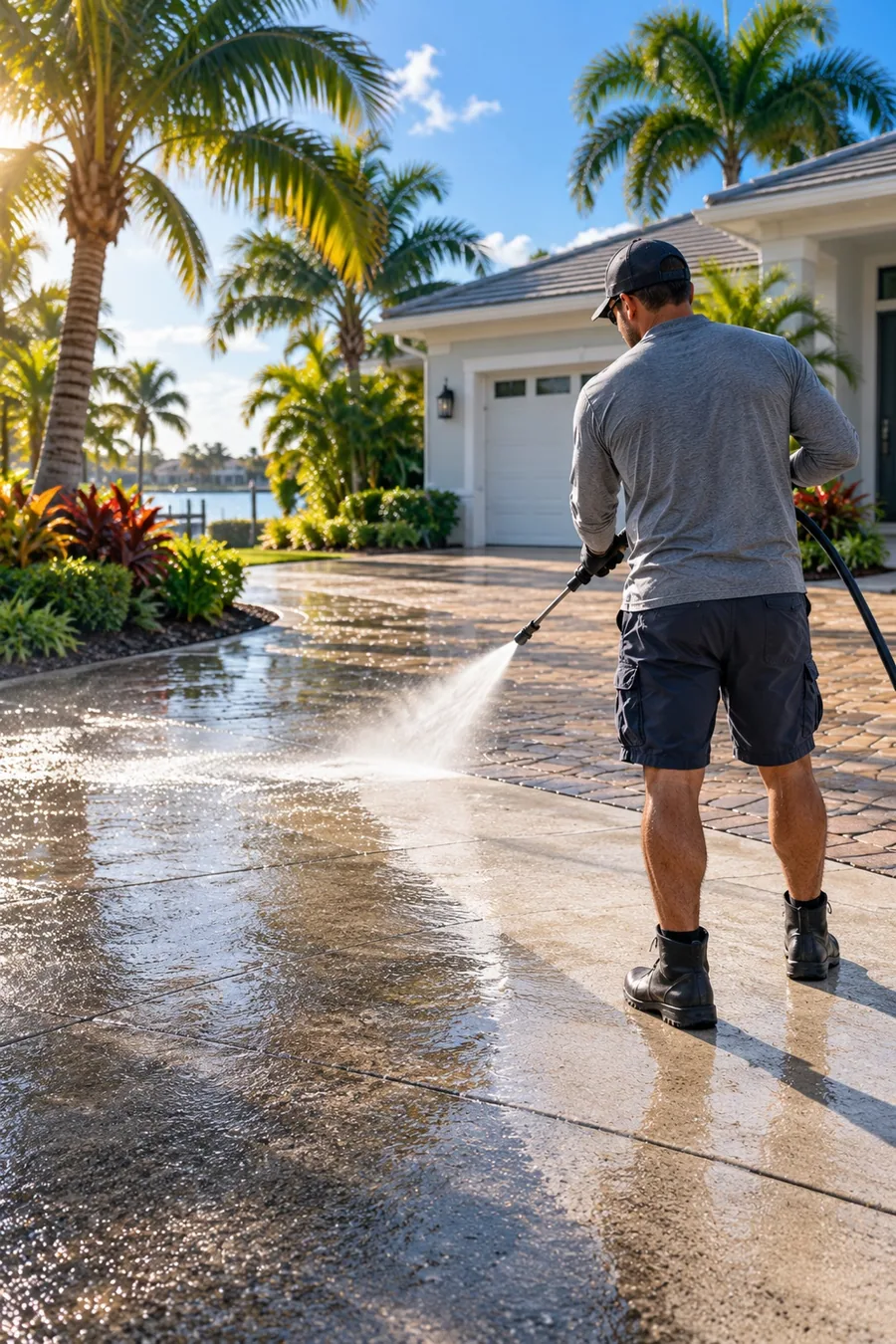Illustrative view of a Florida driveway being pressure washed